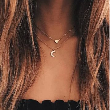 Gold Heart & Sparkly Moon Necklace