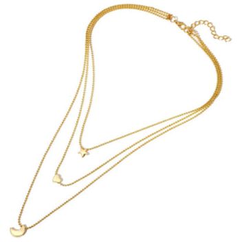Gold Triple Heart, Moon and Star Necklace