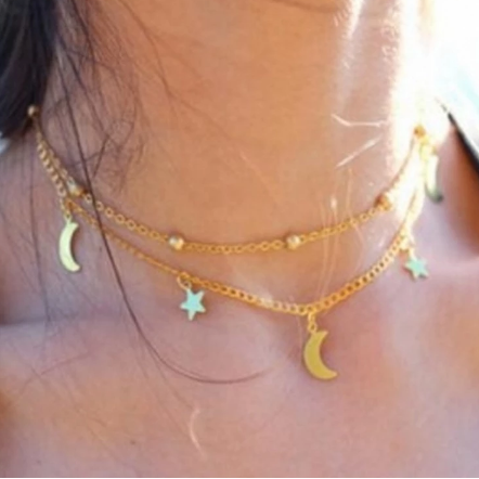 Golden Double Star and Moon Necklace